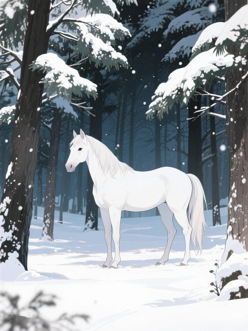 AI妙生图雪落林间，白马静立，似在思索岁月悠长，这静谧之景，可曾触动你心？