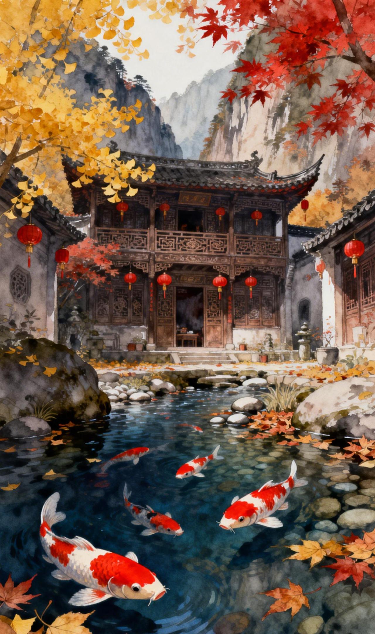 红叶逐清溪，灯影摇时光，鱼尾动秋澜
立于檐下，秋水潺潺。金银杏与赤枫擦过灯笼边沿