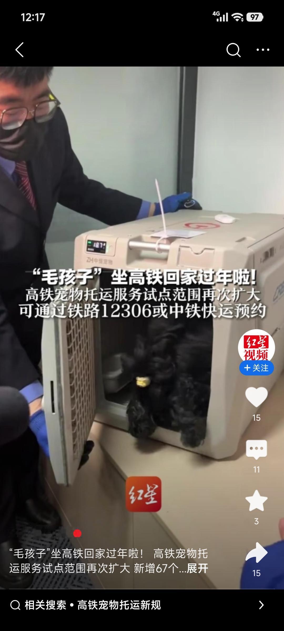 今年春节“毛孩子”也能坐高铁回家啦！1月28日起，铁路部门第四次扩大高铁宠物托运