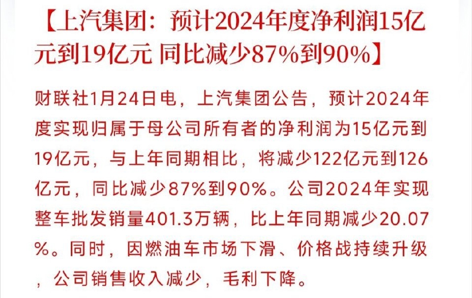 上汽集团：2024年净利同比预降87%—90%上汽集团公告，预计2024年度实现