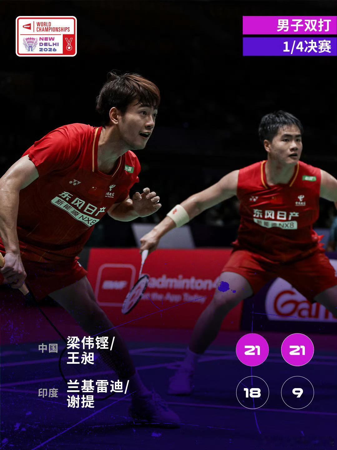梁王组合晋级世锦赛四强 2026年羽毛球世锦赛男双1/4决赛，梁伟铿/王昶直落两
