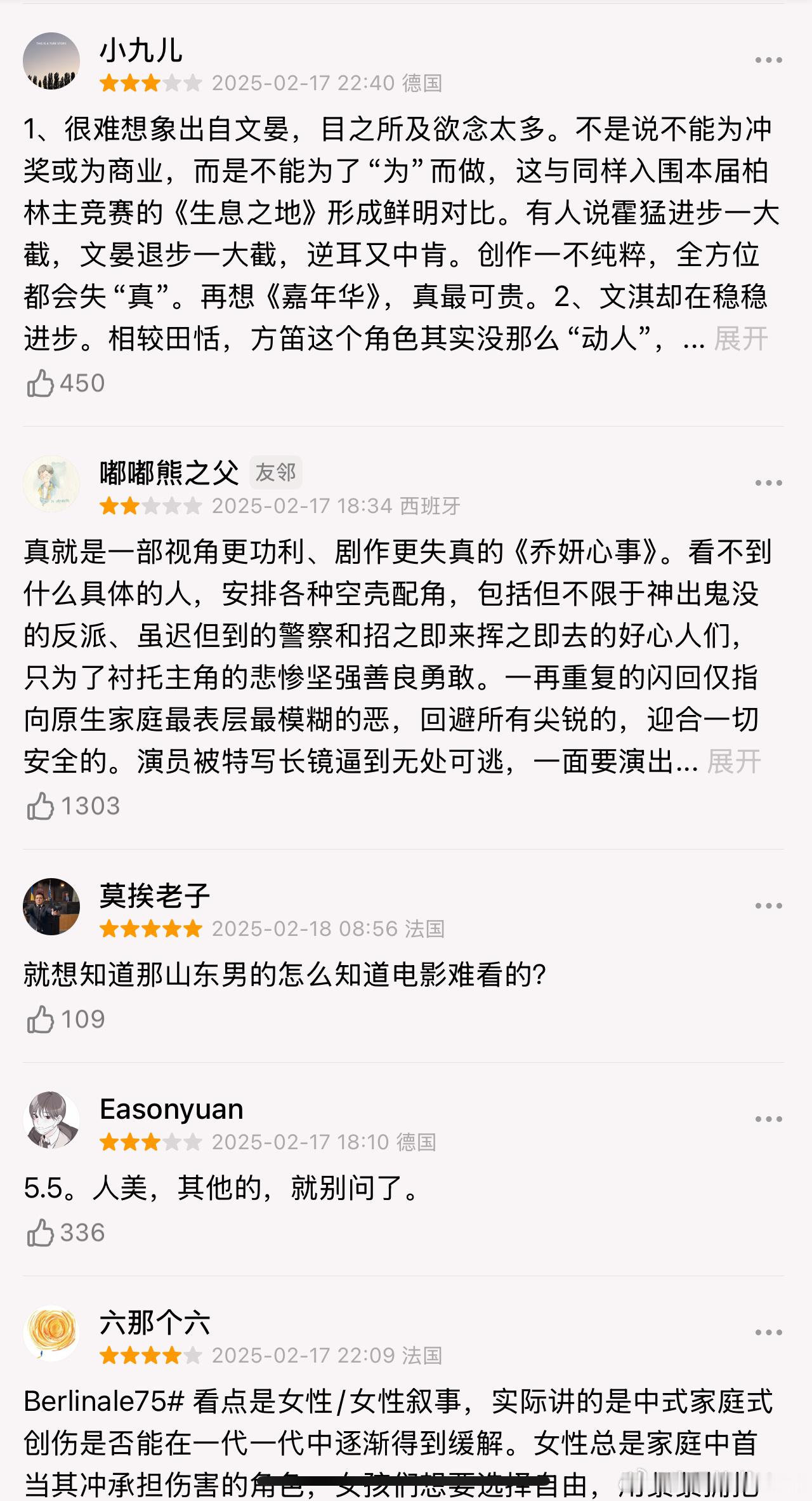 文晏导演的新片《想飞的女孩》在柏林电影节上映后的豆瓣评论，目前口碑有点两极分化 
