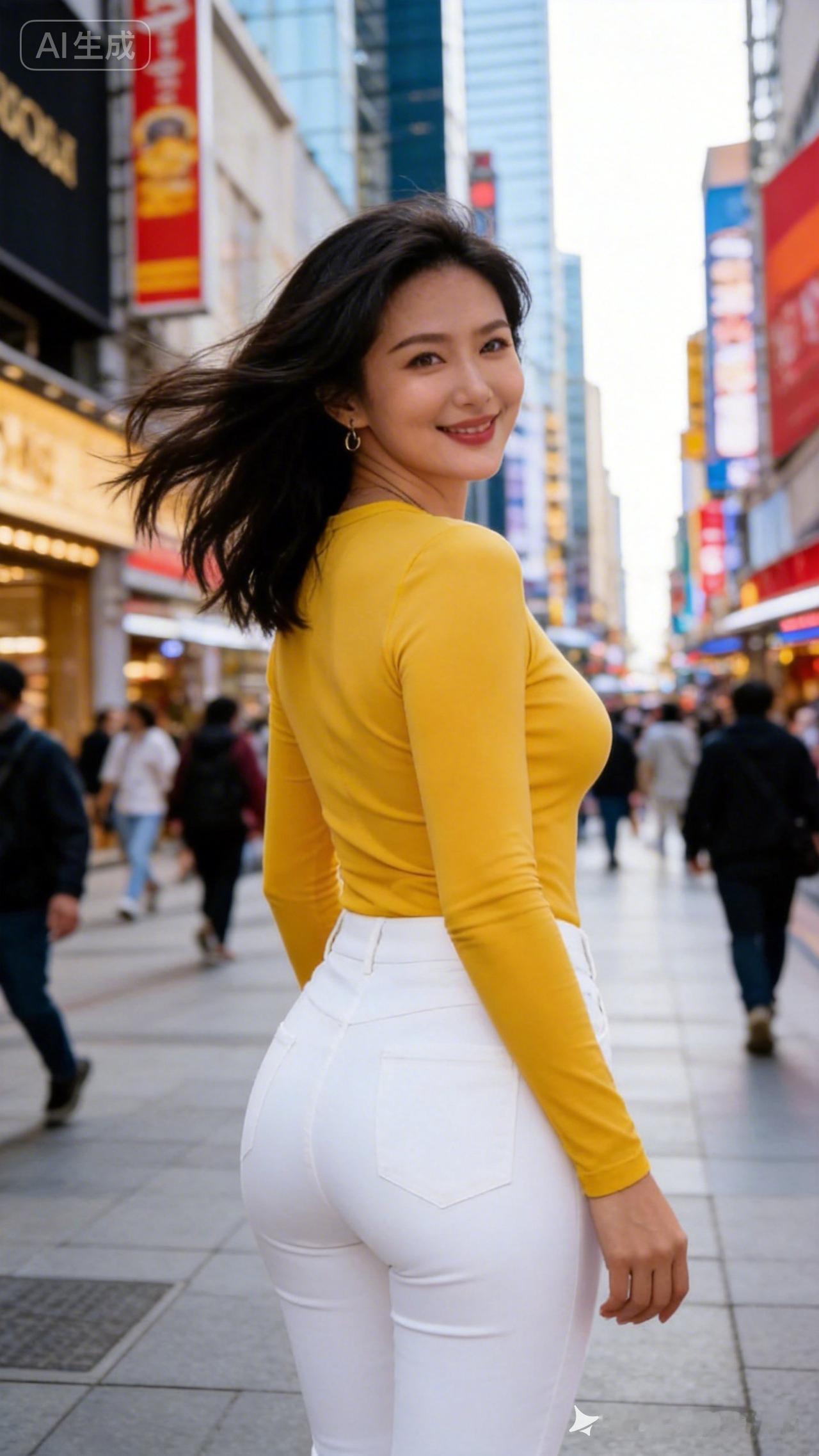 都市街头时尚穿搭，黄色上衣+白色高腰裤，元气满满！💛👖