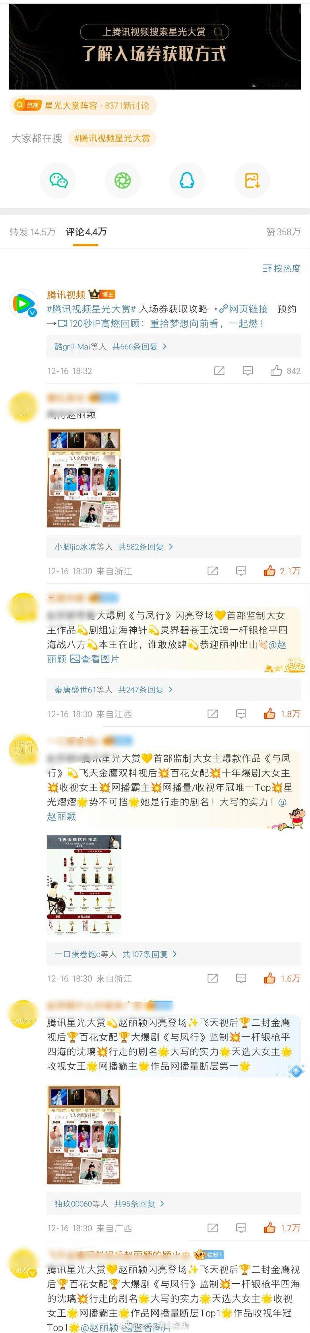 丽粉真是太牛了，腾讯星光大赏官宣博下好多热评都被他们占据了，这强大的影响力真是让
