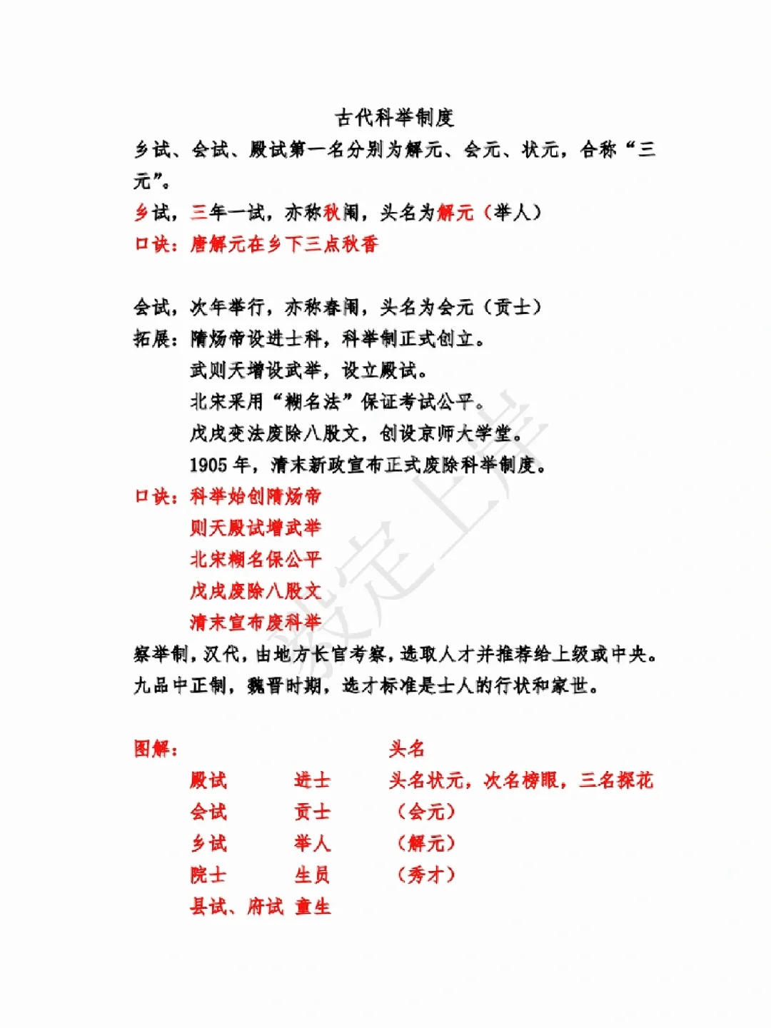 古代科举制度（口诀记忆