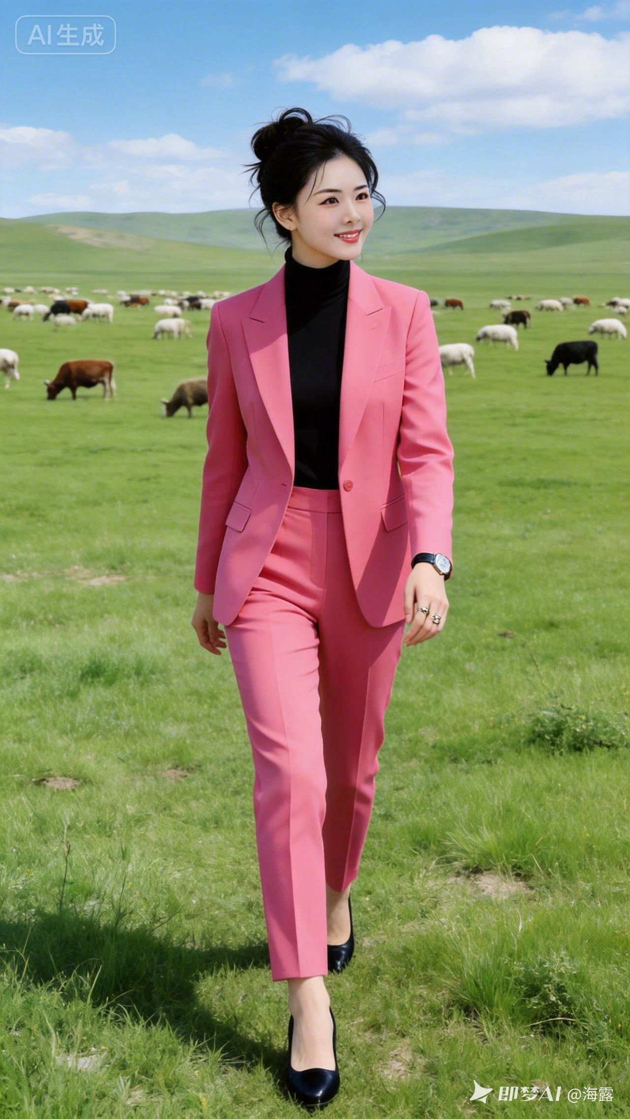 草原上的时尚女郎，粉西装搭配黑高跟，尽显优雅与自信！🌿👠