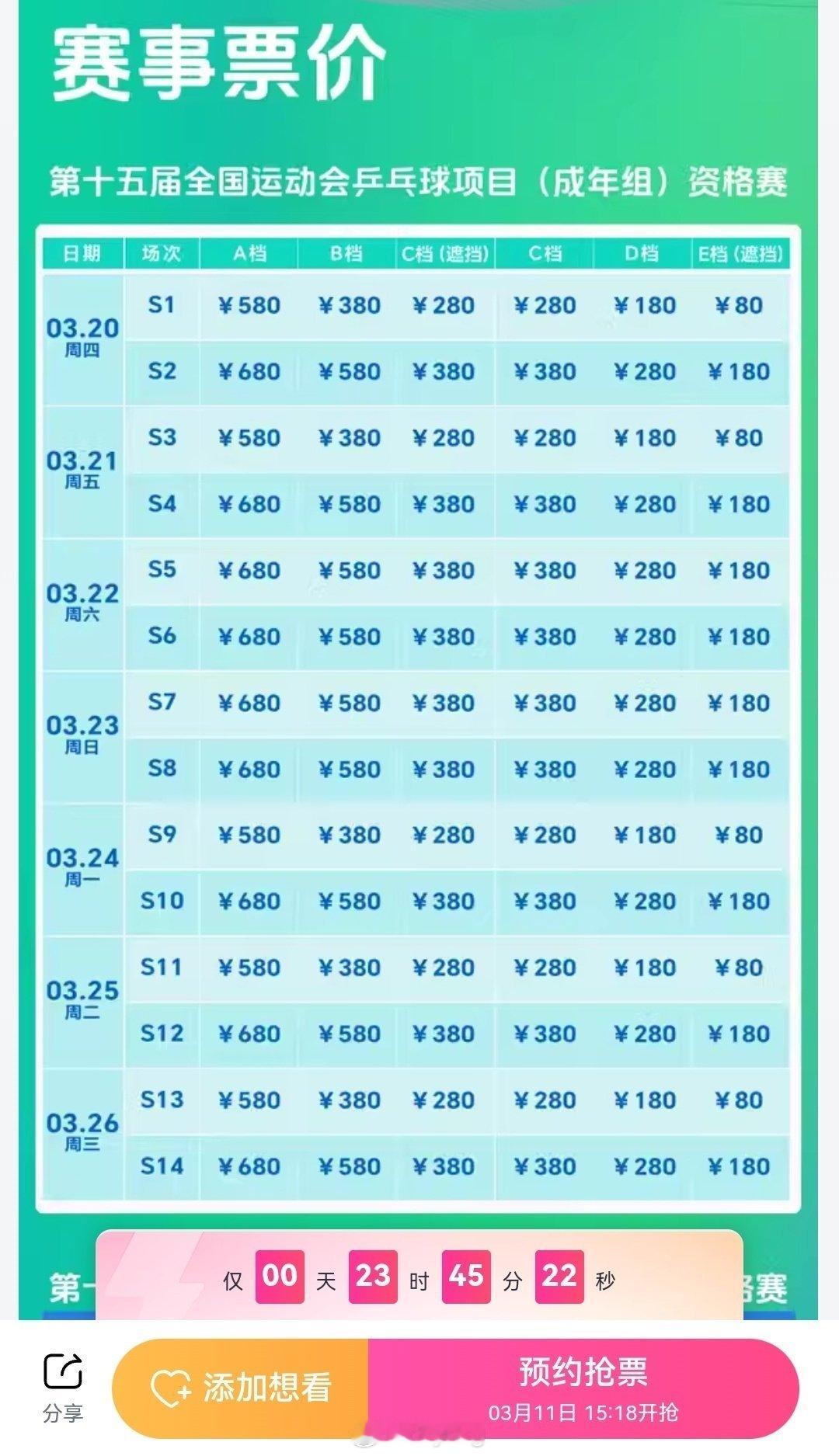 全运会乒乓球通票最高6880元 全运会乒乓球预选赛 单场80-680（有遮挡区）