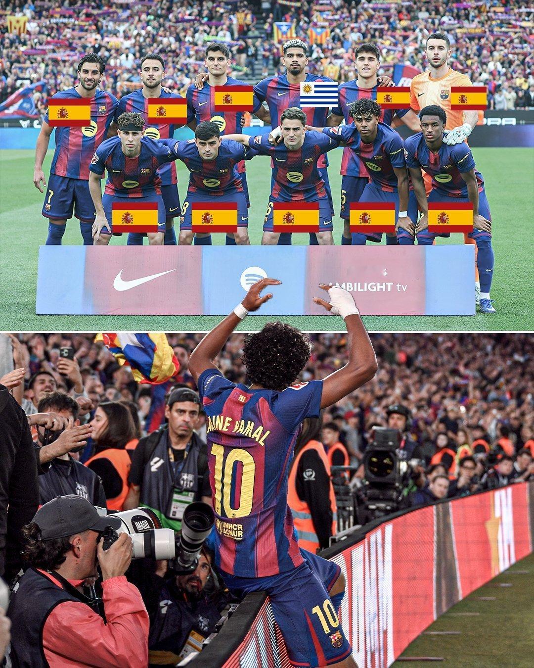 巴萨 巴塞罗那对阵西班牙人时首发阵容派出10名西班牙球员 ，罗纳德·阿劳霍是唯一