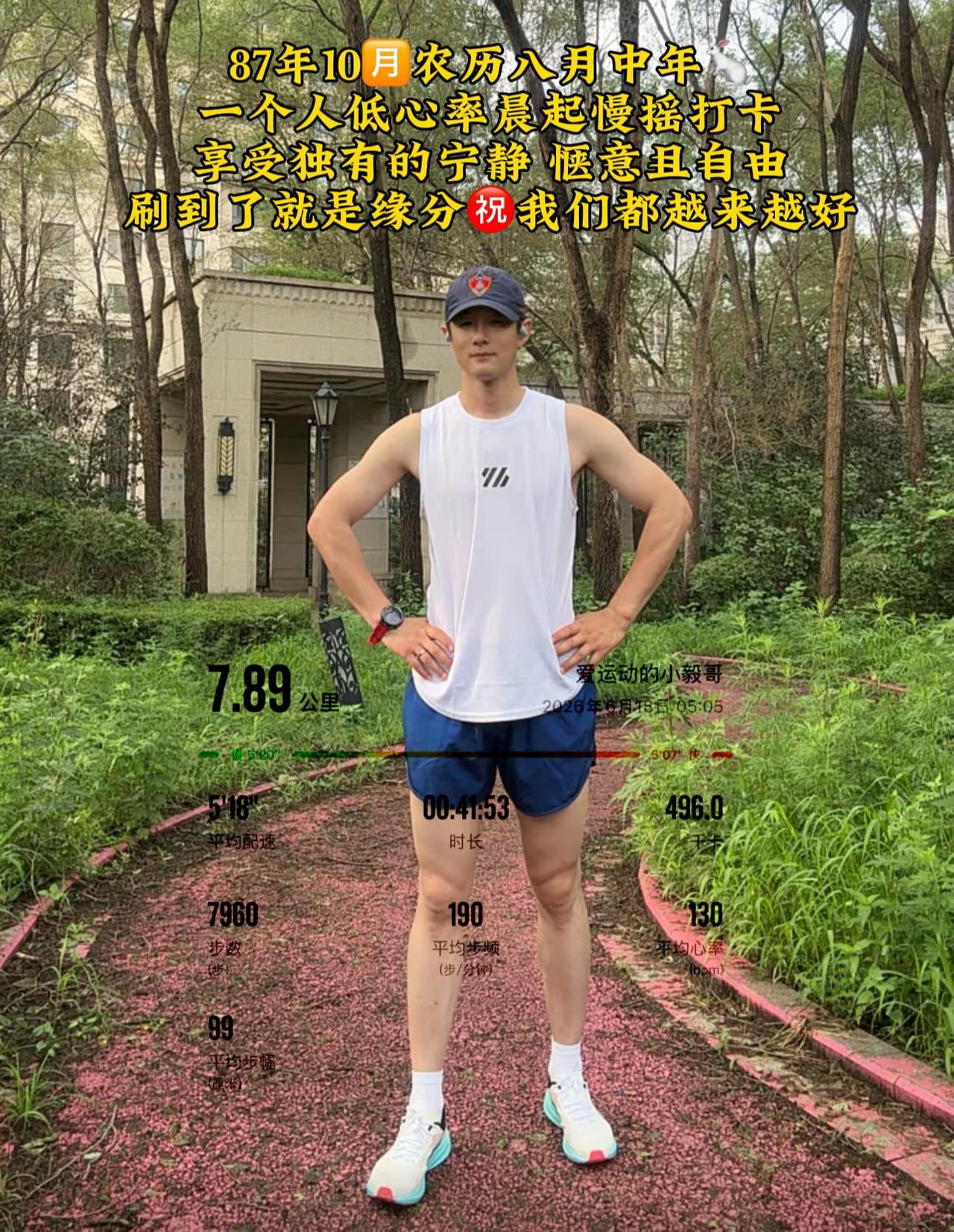 87年属兔，今日晨跑7.89公里，平均心率130，平均配速5′19″。以晨跑奔赴