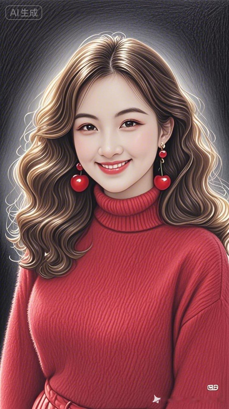 甜美笑容，红衣少女，AI生成的梦幻画作！