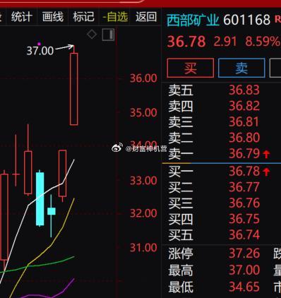 有色稀土板块今日强势走高，$西部矿业 sh601168$ 大幅拉升，现价36.7