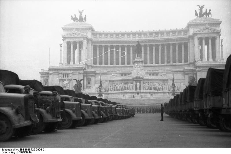 German trucks parked before the Monument