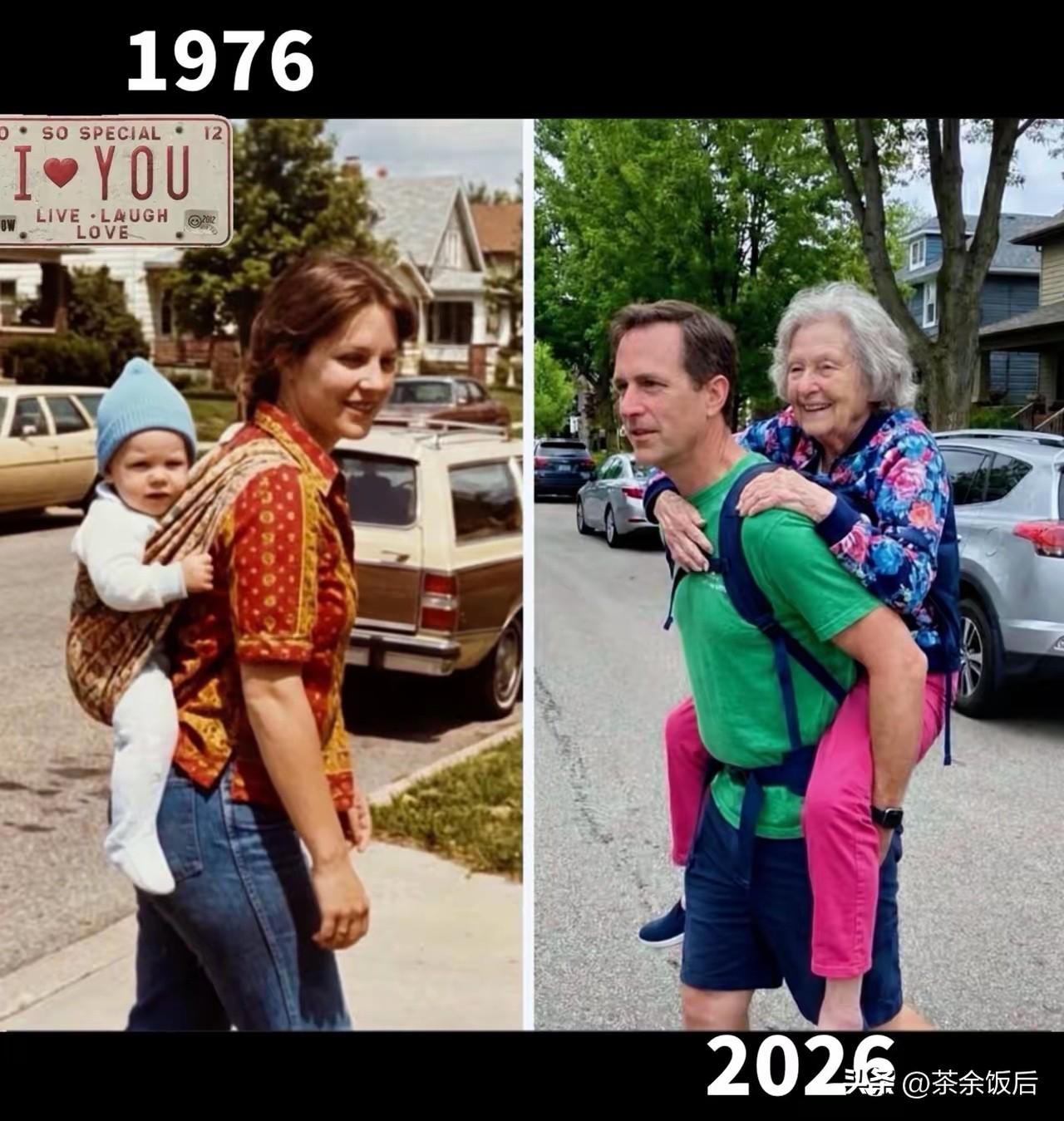 【五十载双向奔赴】
50年前：妈，我走不动了。
50年后：妈，我背您走。
从前是