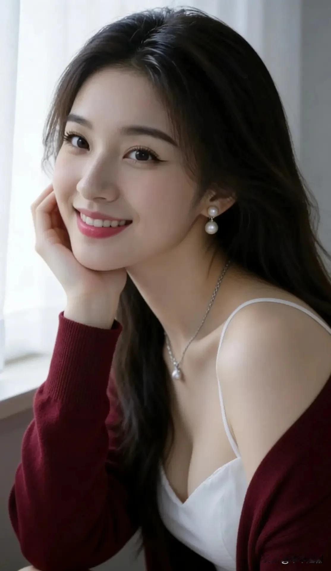 酒红开衫搭白吊带，珍珠饰衬着甜笑，窗畔光影揉出温柔又甜软的氛围感🍷
酒红色衬衫