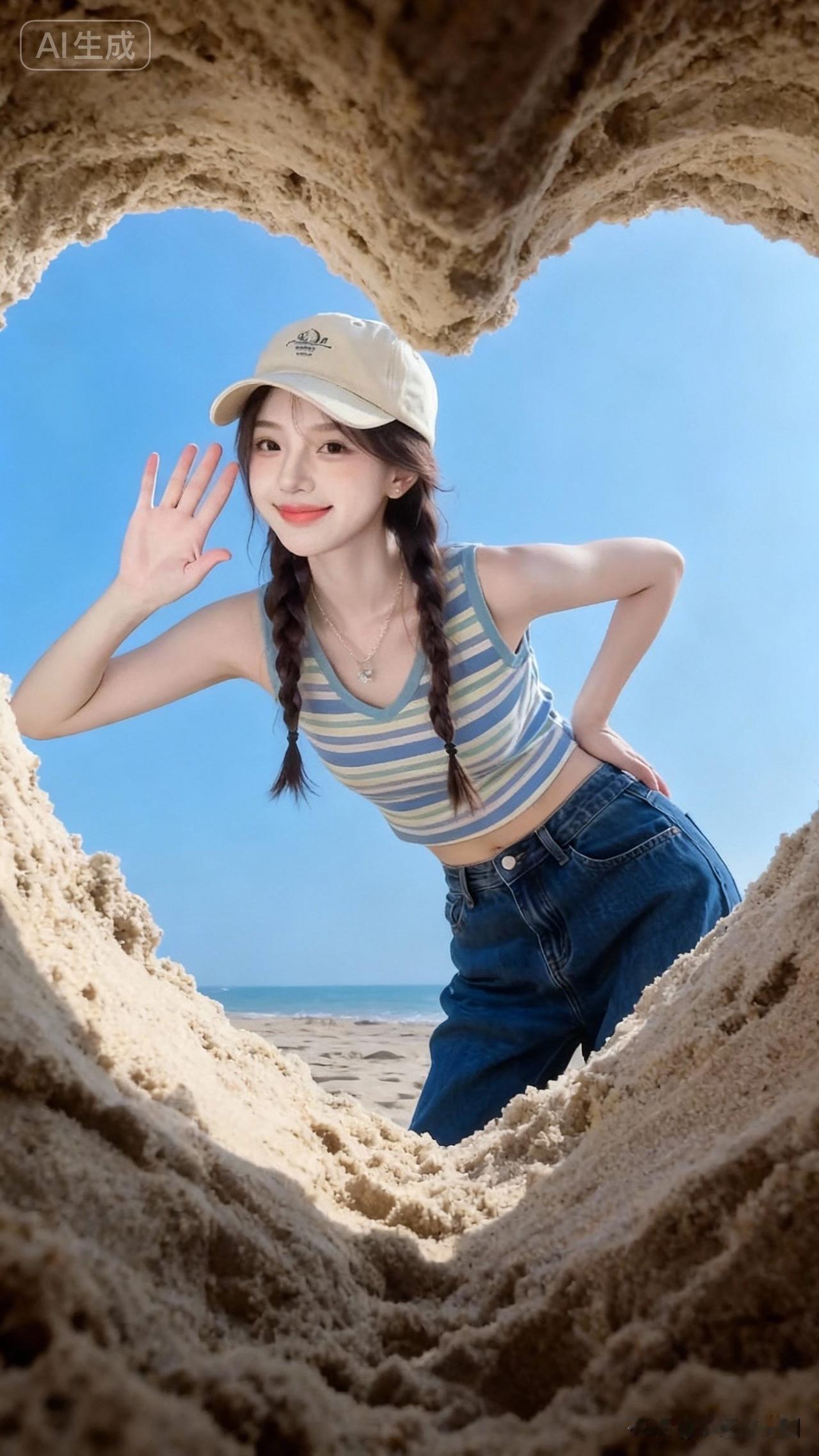 沙滩上挖了个心，拍照超可爱！