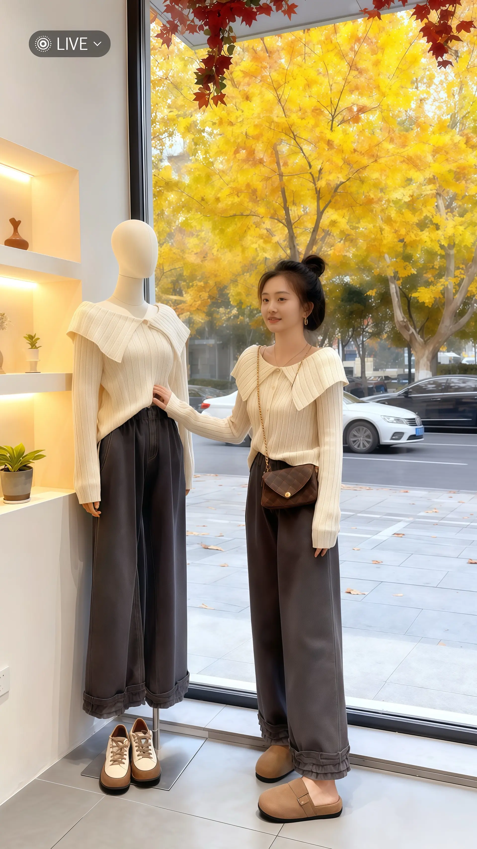 她身着韩系设计感两件套，白色翻领针织衫勾勒出温柔轮廓，深灰色木耳边休闲...