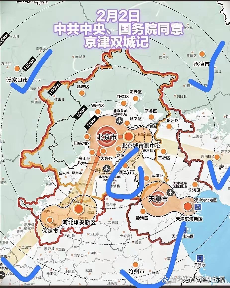 网上这张图做的是真好！首先铁三角北京天津雄安肯定是基本盘优先发展，铁三角中间的廊