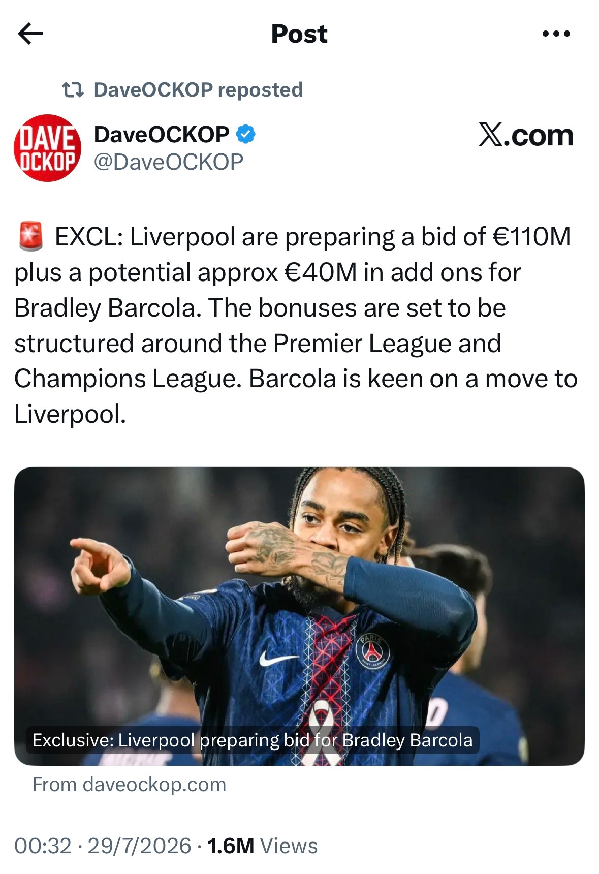 【人均抢跑】Dave：利物浦准备出价1.1亿+4000万欧元的附加费签下巴尔科拉