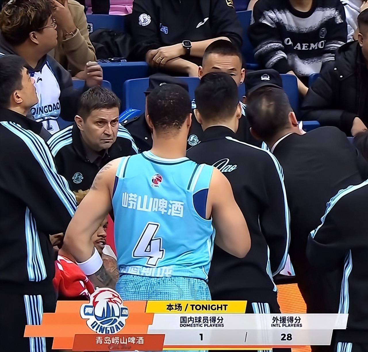 青岛男篮，半场球国内球员得了6分。

半场结束，主场作战的青岛56:39领先南京