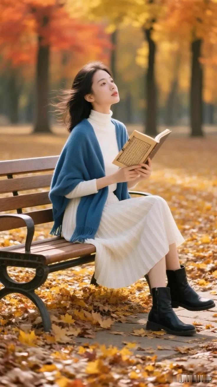 秋日午后，静坐长椅，沉浸书海，感受落叶的温柔。