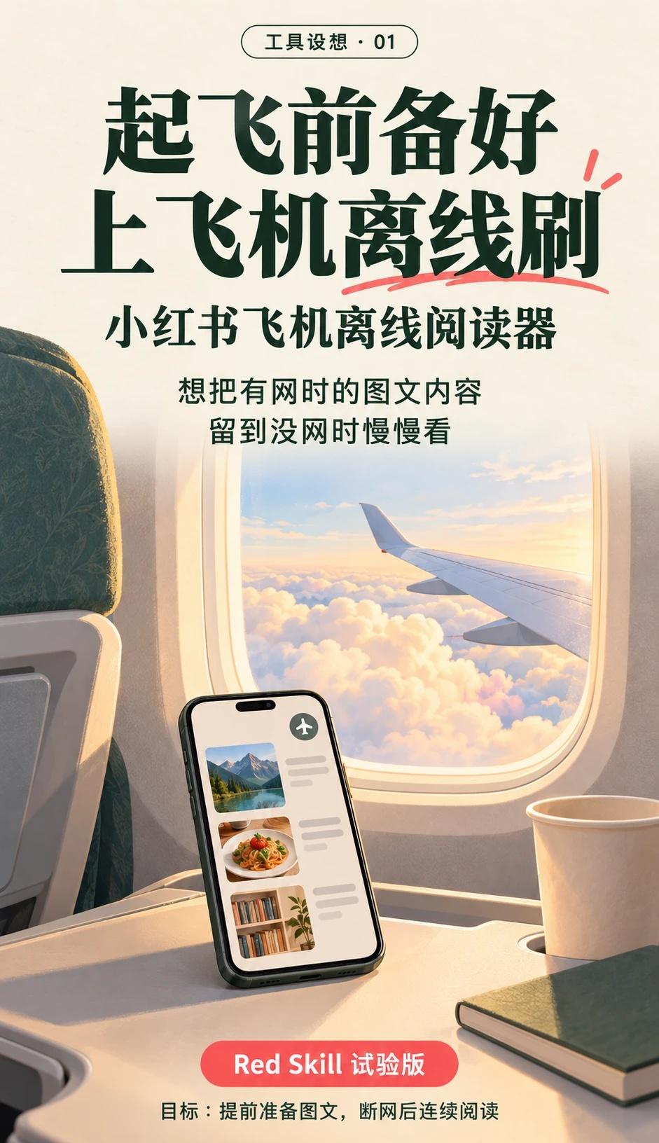 小红书飞机离线阅读器Skill
有些航班没有wifi，时间长的话不知道刷些什么。