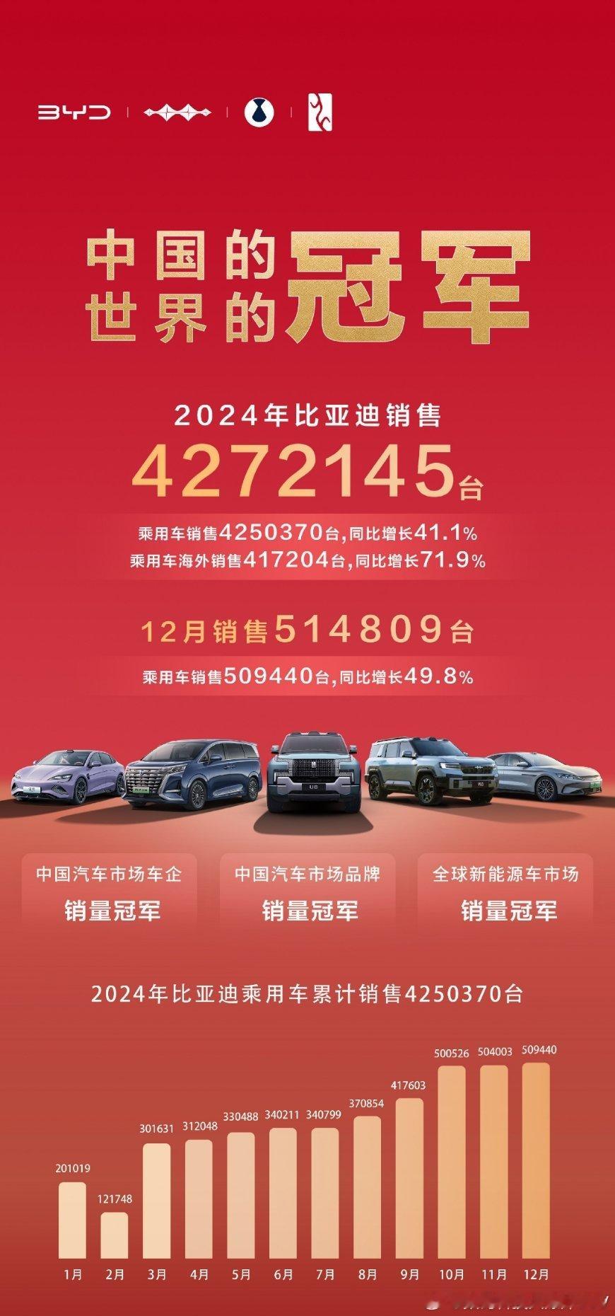 2024年比亚迪销售4272145台，其中乘用车销售4250370台，同比增长4