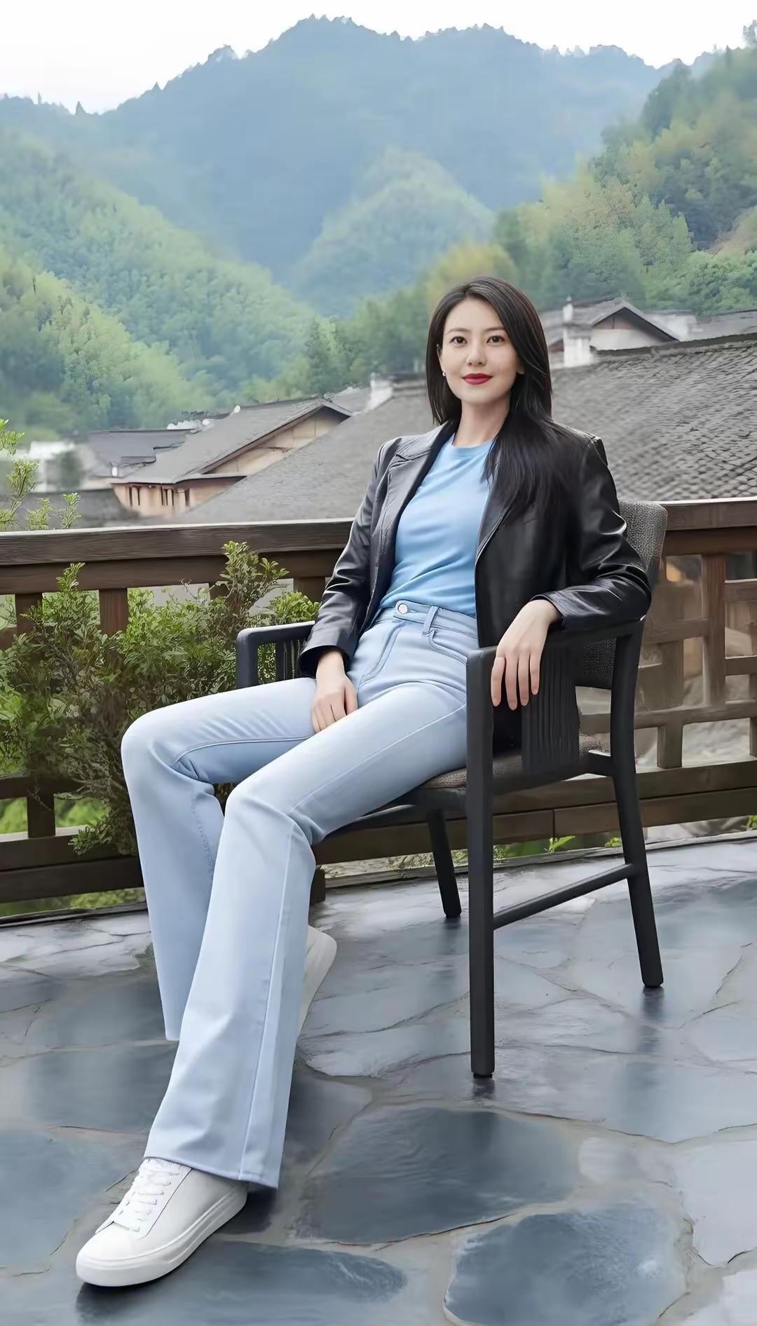 穿皮衣的少女，坐在山间阳台上，享受宁静时光。