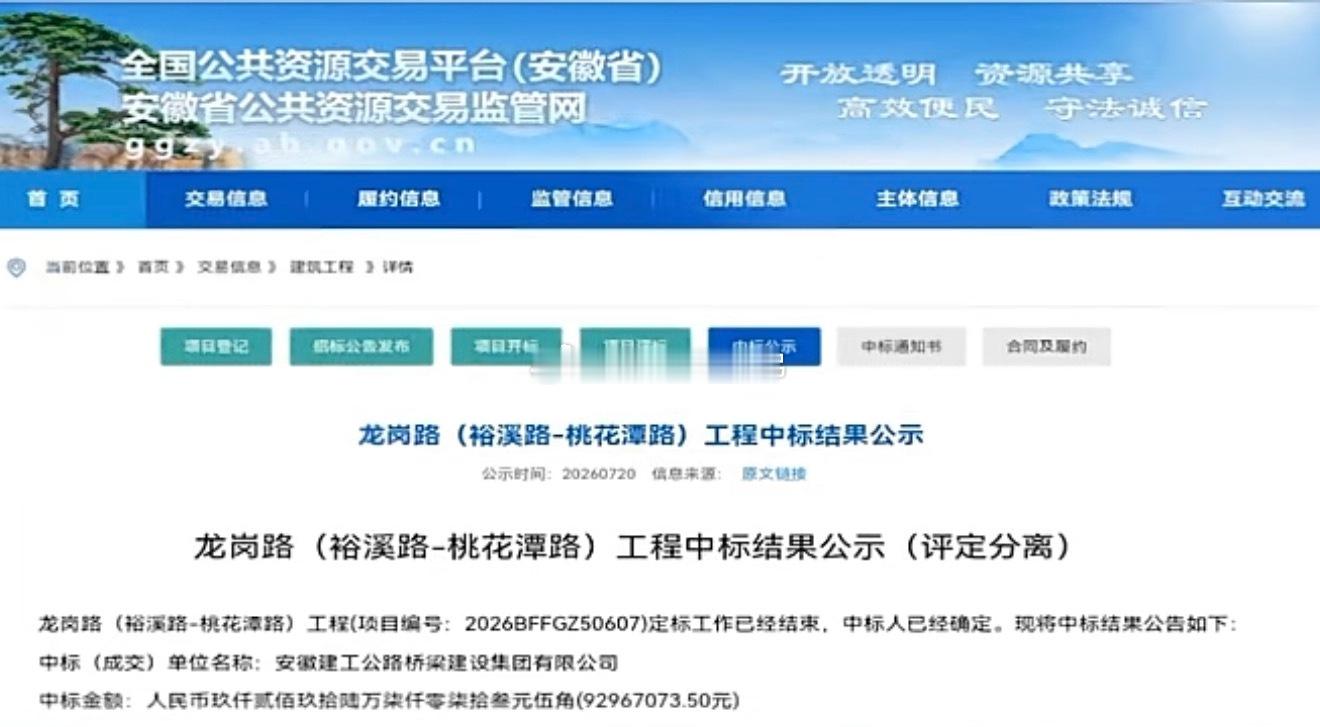 合肥东部新中心又有新动作中标公示出炉，总投资超1亿！龙岗路（裕溪路-桃花潭路）工