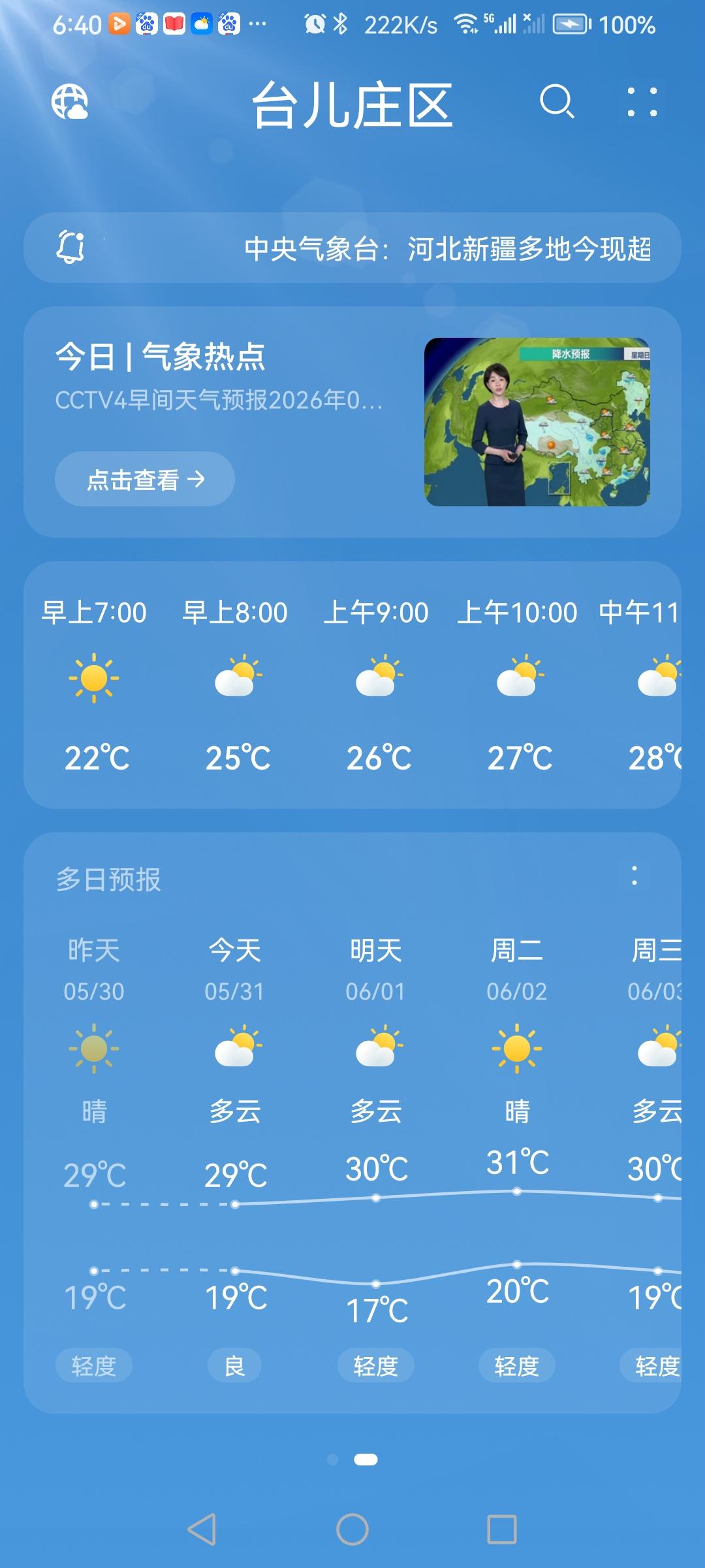 “5.30”的天气预报“多云”。气温19—29度