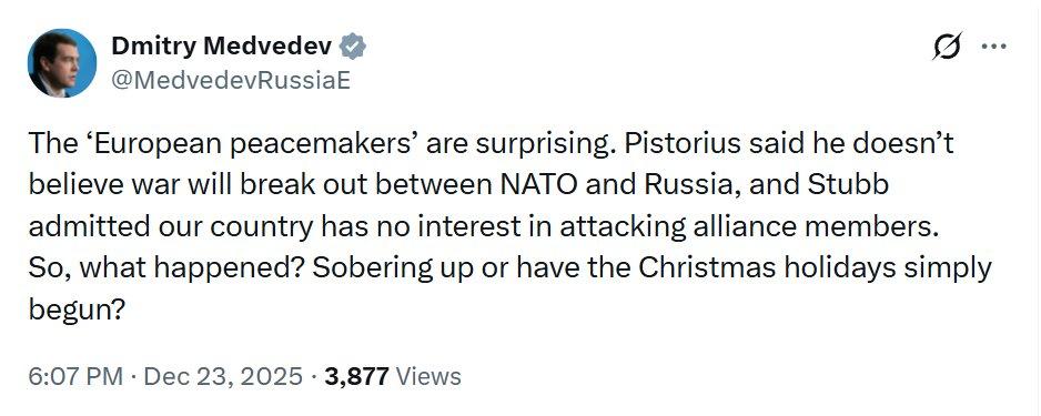 新闻快讯——德米特里·梅德韦杰夫推文内容
“‘欧洲和平缔造者’们真令人意外。皮斯