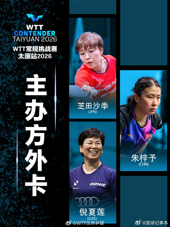 孙杨李天阳朱梓予获太原站外卡WTT常规挑战赛太原站2026将于4月7日至12日，