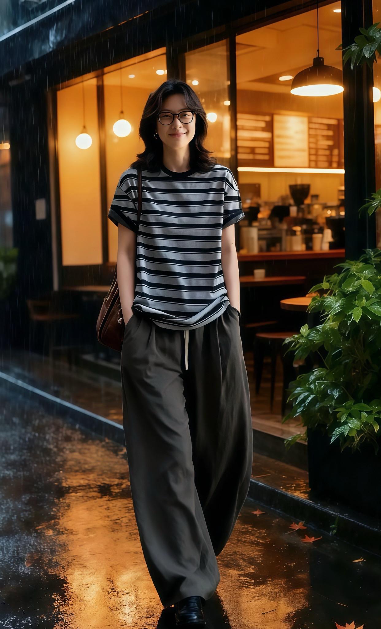 雨巷邂逅。细雨朦胧，打湿了青石板路。她伫立在咖啡店门前，条纹衫宽松随性...