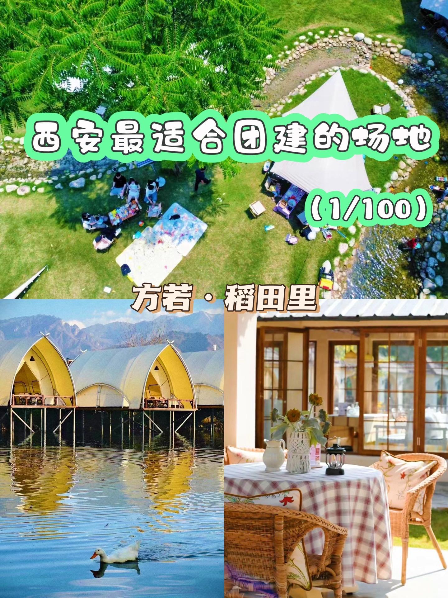 【西安团建】1/100个场地推荐。之：方若稻田里 
营地位于长安区，距离西安1小时左右，隔壁是长安唐村
现在营地分为两个部分
一个是方若营地，天幕、帐篷、草坪、小溪，可以烧烤，有小孩玩的无动力设施，夏天整体比较凉快，天幕可以支在小树林里，小河到能打水仗、也可以冰西瓜饮料。韩式烧烤为主，烧烤套餐里的酒水不含，可以自带。
另一个部分是白鹭coffee，法式风格，同样是烧烤和暖锅，可以点下午茶、咖啡甜点，天冷的时候也有围炉煮茶。这边基本是湖边小亭子，跟露营完全不同的风格。更适合朋友、家人聚会。