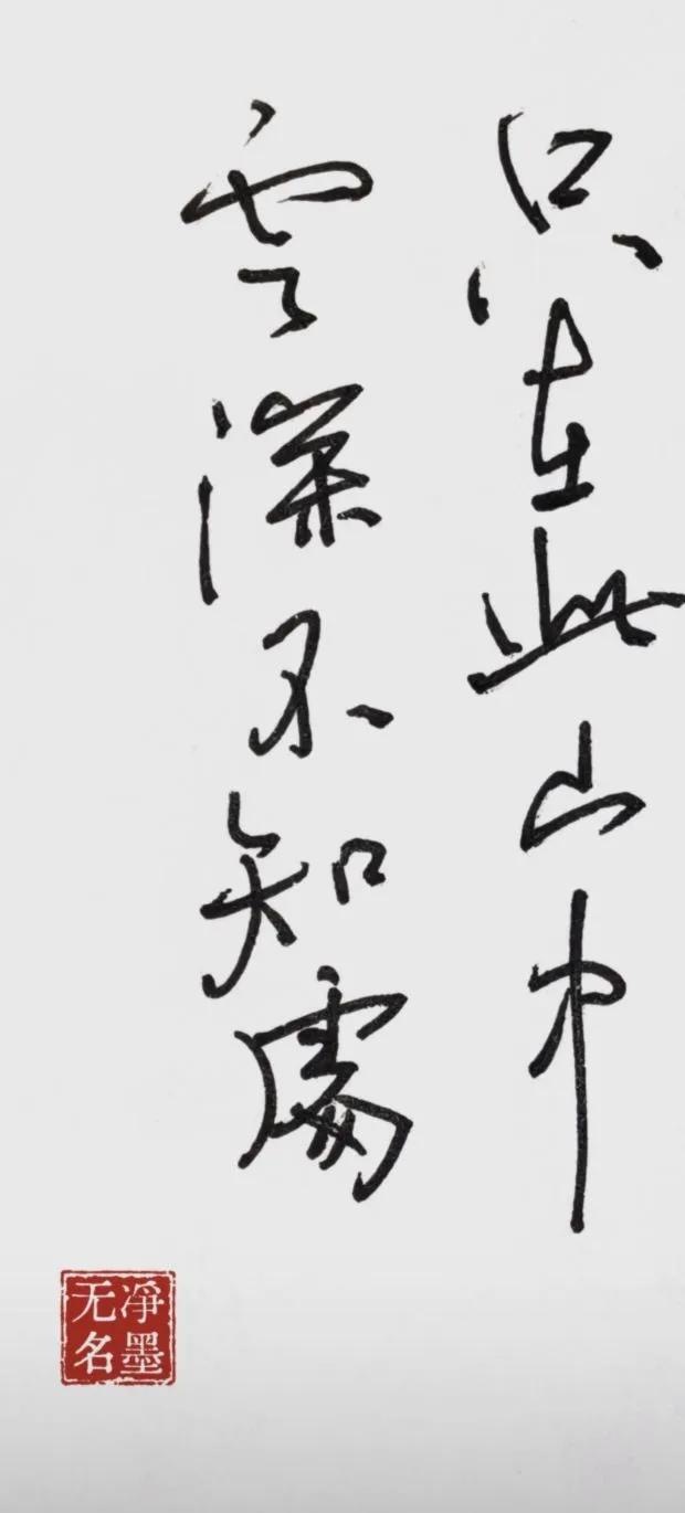 力求简洁明了。
释文（右起竖读）
只在此山中，云深不知处。
出自贾岛《寻隐者不遇