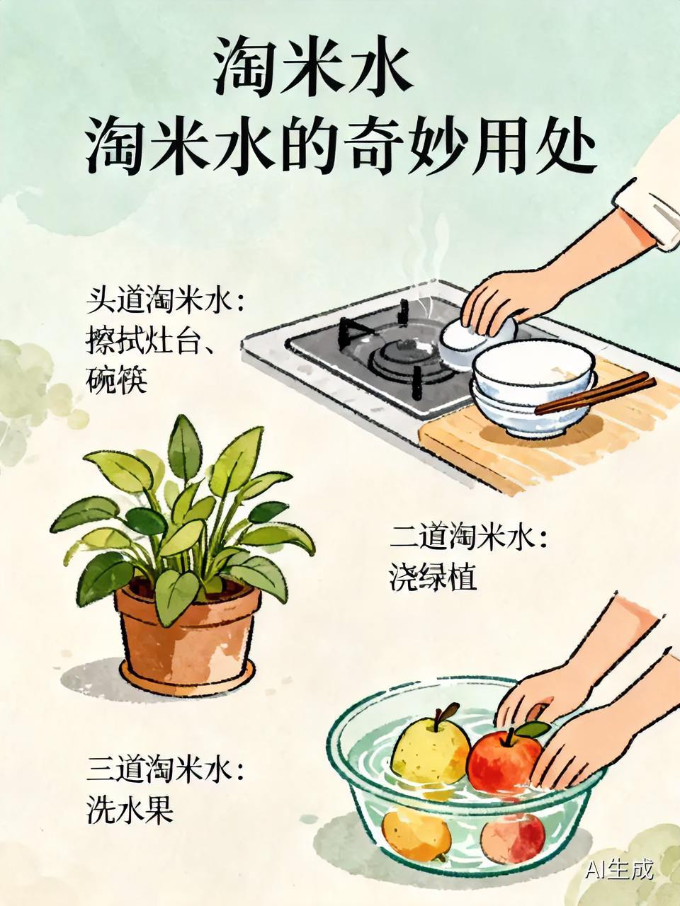 淘米水别倒，用处颇多，家家都用得上，是天然清洁好物。
头道淘米水去污力强，擦拭灶