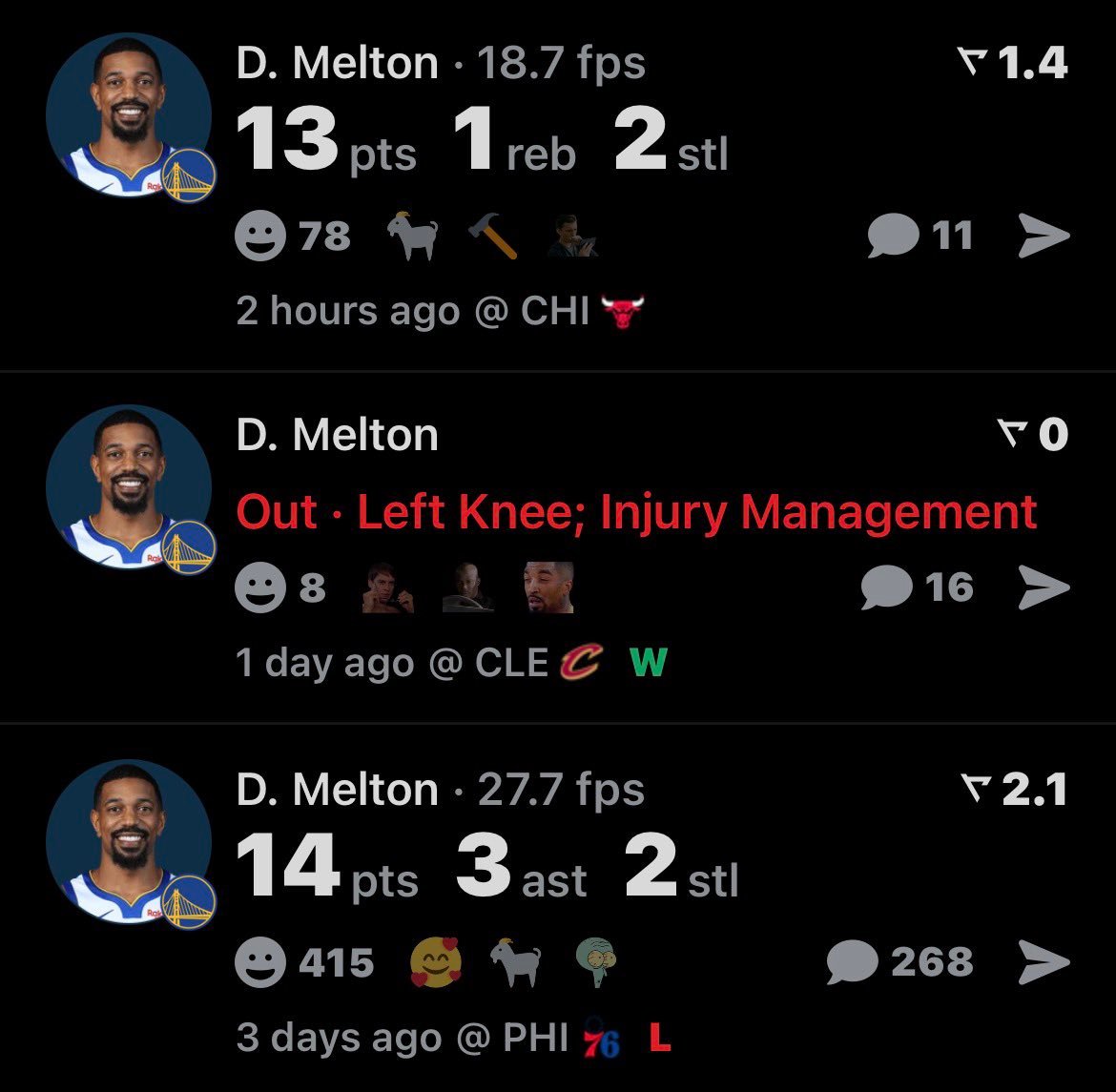 梅尔顿复出这两场的表现能否接下来首发和库里搭档后场 ？ 