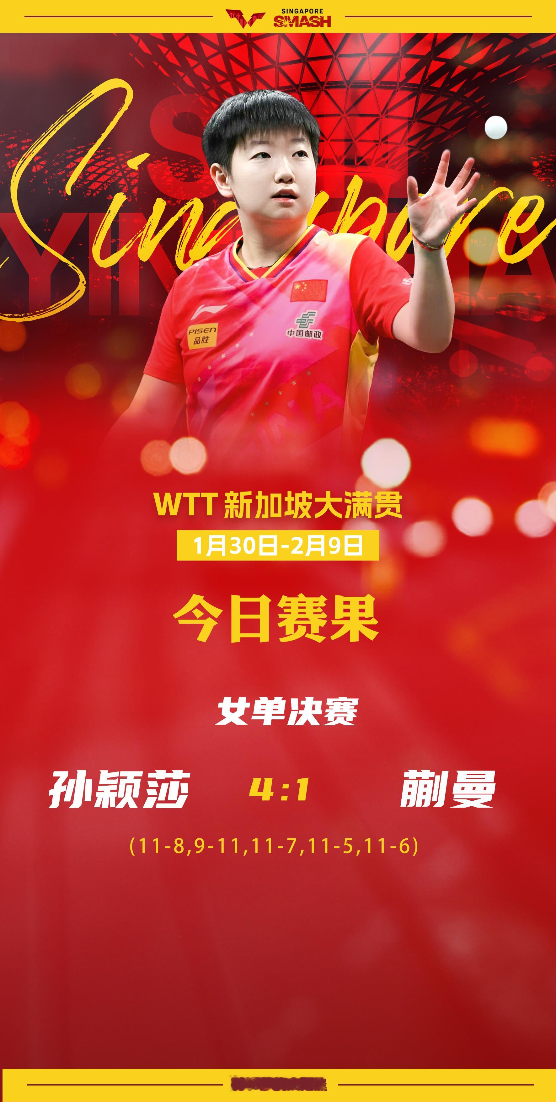 孙颖莎[超话]  🏓 wtt新加坡大满贯2025  【今日赛果】女单决赛孙颖莎