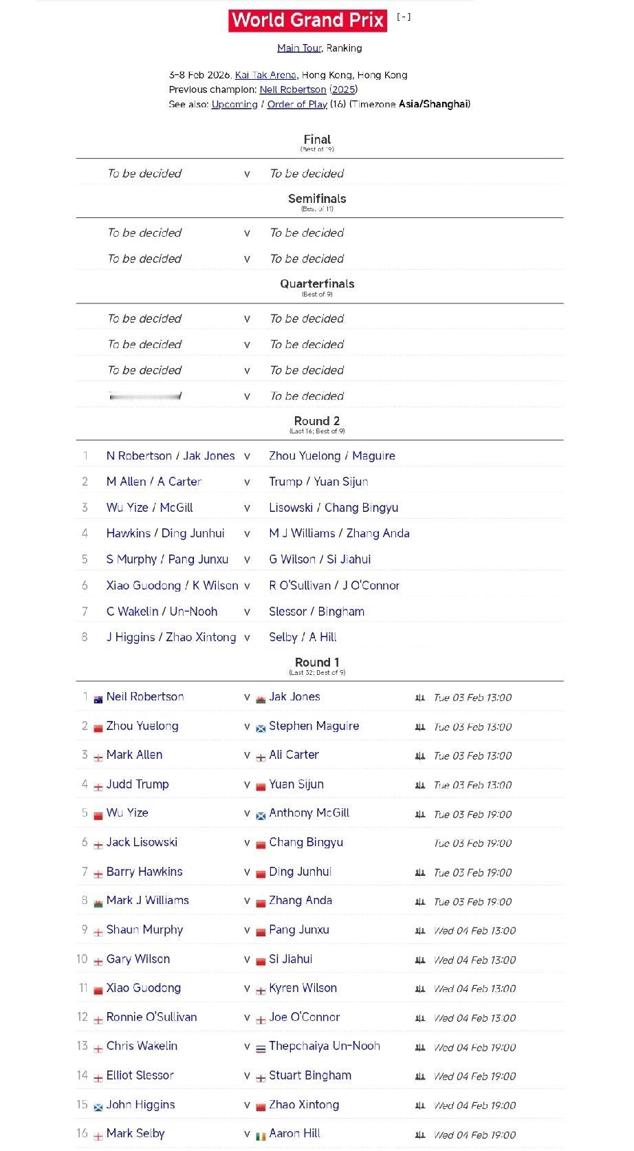 斯诺克世界大奖赛抽签揭晓!
据WST官方消息，2026年斯诺克世界大奖赛参赛阵容