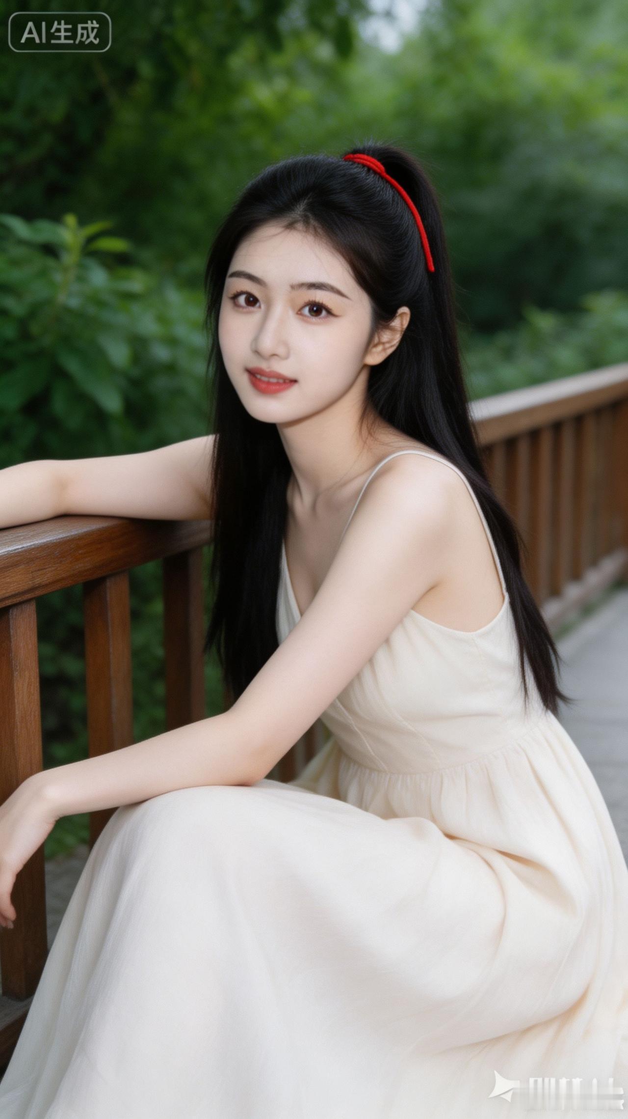 夏日清新穿搭，白色连衣裙与自然背景的完美融合，尽显优雅与自然之美。