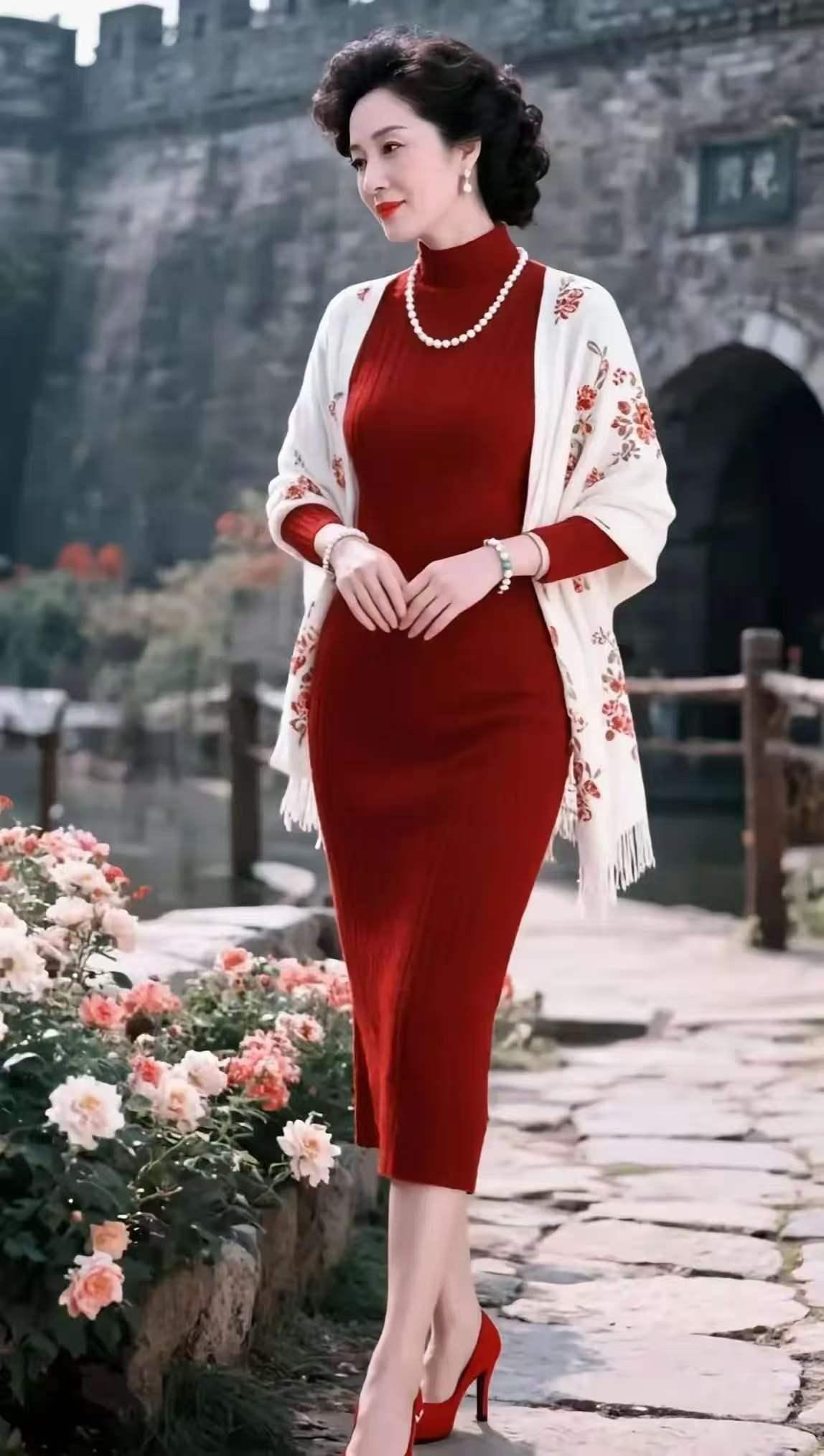 天净沙·旗袍
红袍碎花披纱，
珠环金坠芳华，
高跟轻踏风雅。
民国如画，
一襟古