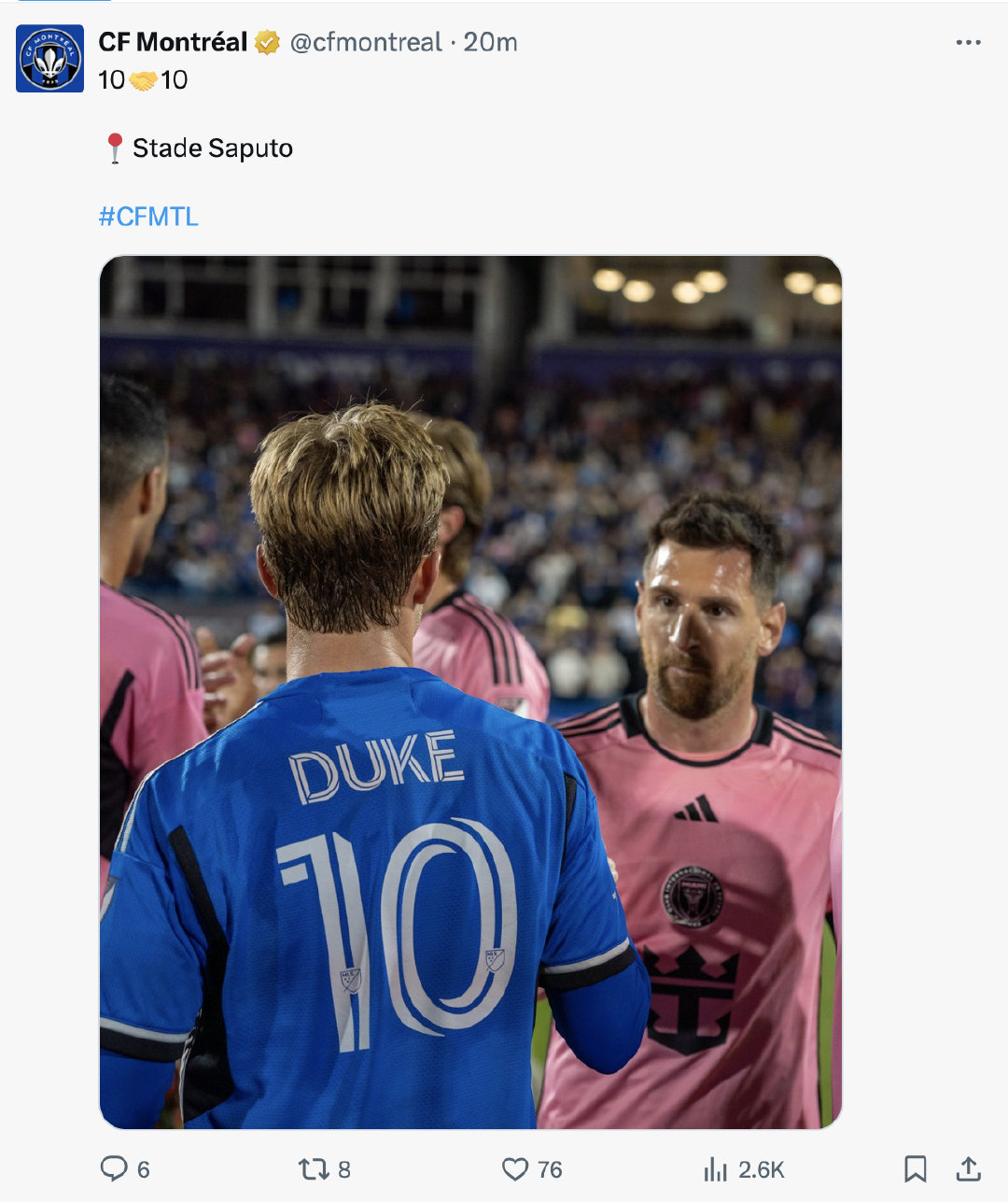 蒙特利尔冲击官推：10🤝10📍Stade Saputo#梅西[超话]# #迈