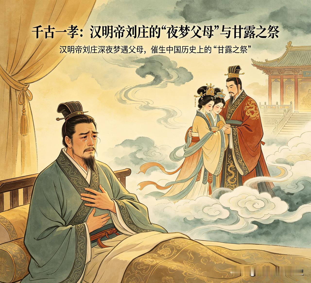 标题：千古一孝：汉明帝刘庄的“夜梦父母”，竟催生了中国历史上的“甘露之祭”？
导