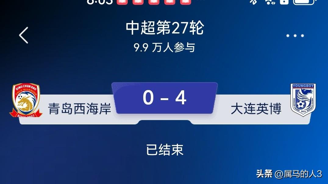 大连英博客场4  ：0青岛西海岸，彻底杀死成都蓉城提前夺冠的梦想。
最后3轮中超