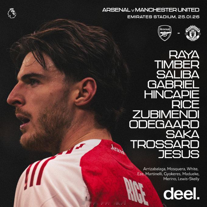 阿森纳首发：拉亚、廷贝尔、萨利巴、加布里埃尔、因卡皮耶、赖斯、祖比门迪、厄德高、