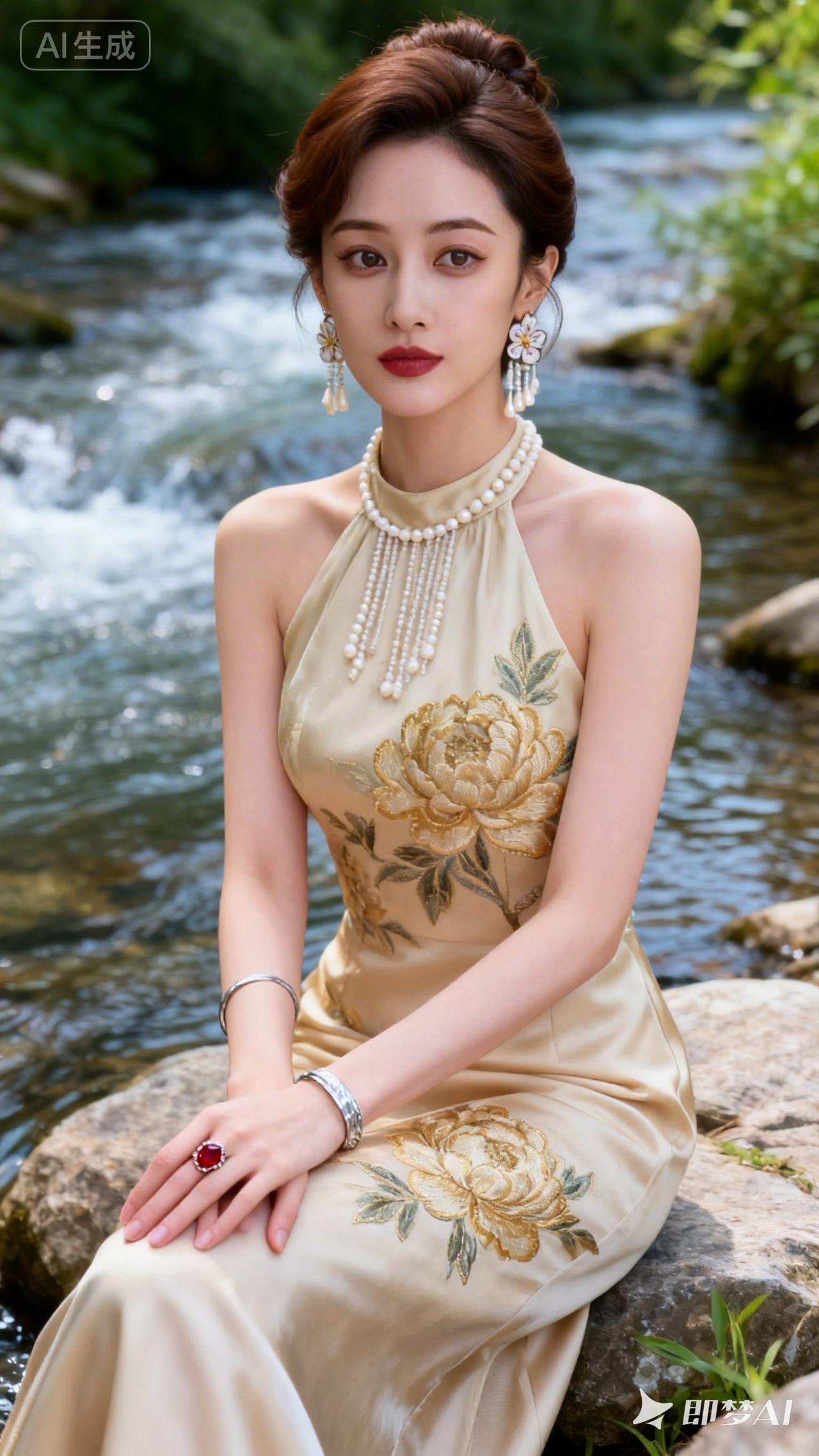 优雅复古风，珍珠项链与花朵刺绣的完美结合，在自然背景中尽显高贵气质。