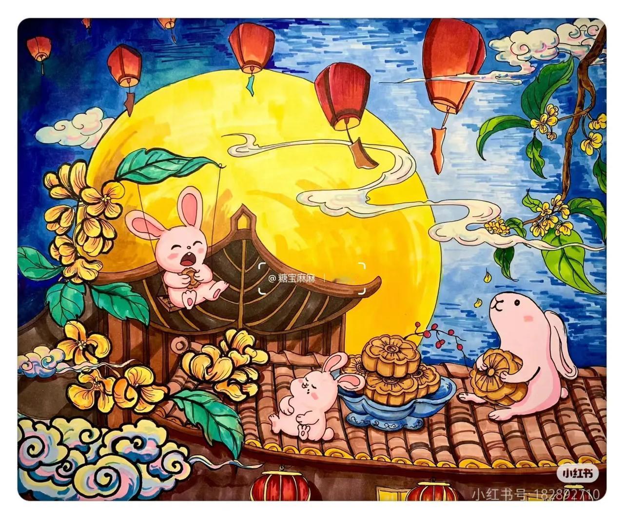第一波18张中秋节主题美术绘画素材，‌每幅都精美绝伦！创意满满（图片来自网络，仅