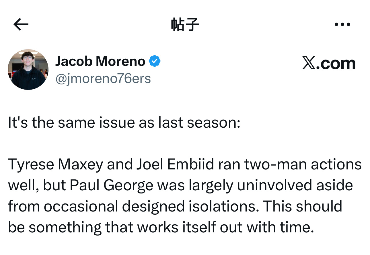 费城自媒体记者Jacob Moreno表示，目前球队的问题和上赛季一样：泰雷斯·