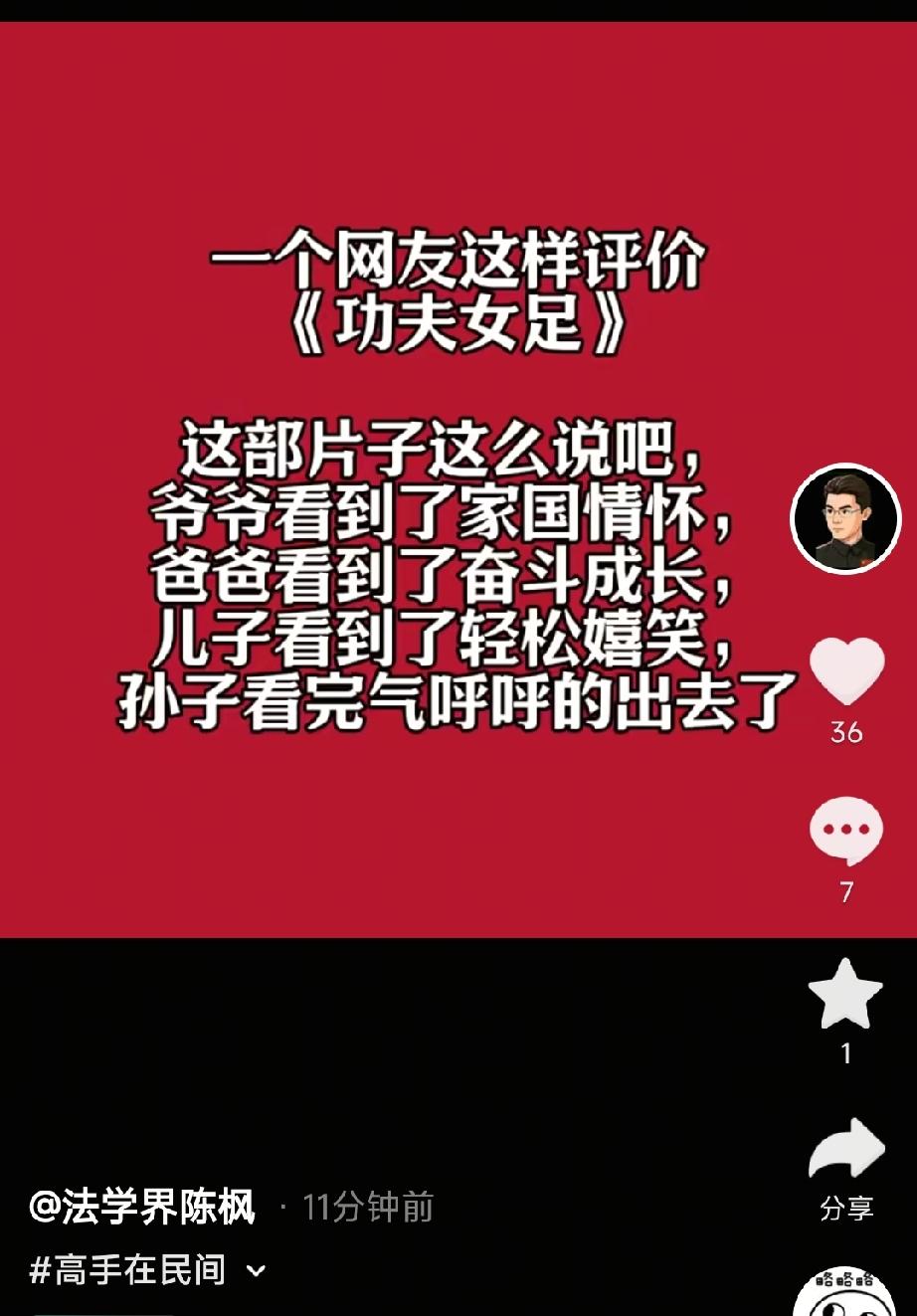 法学界的陈枫先生点评《功夫女足》：爷爷看到了家国情怀，爸爸看到了奋斗成长，儿子看