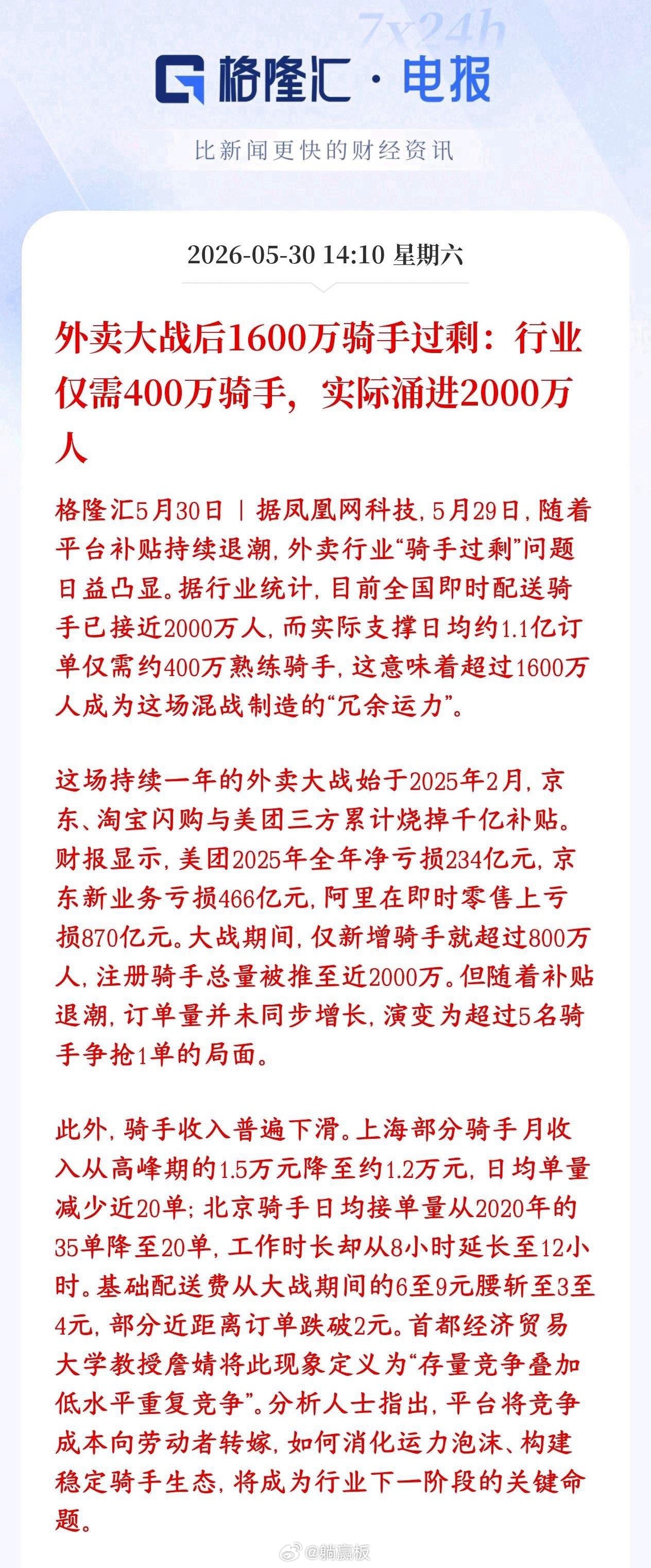 内卷到死，外卖也出现了和深圳网约车一样的困境深圳网约车最近爆出饱和严重，外卖也爆