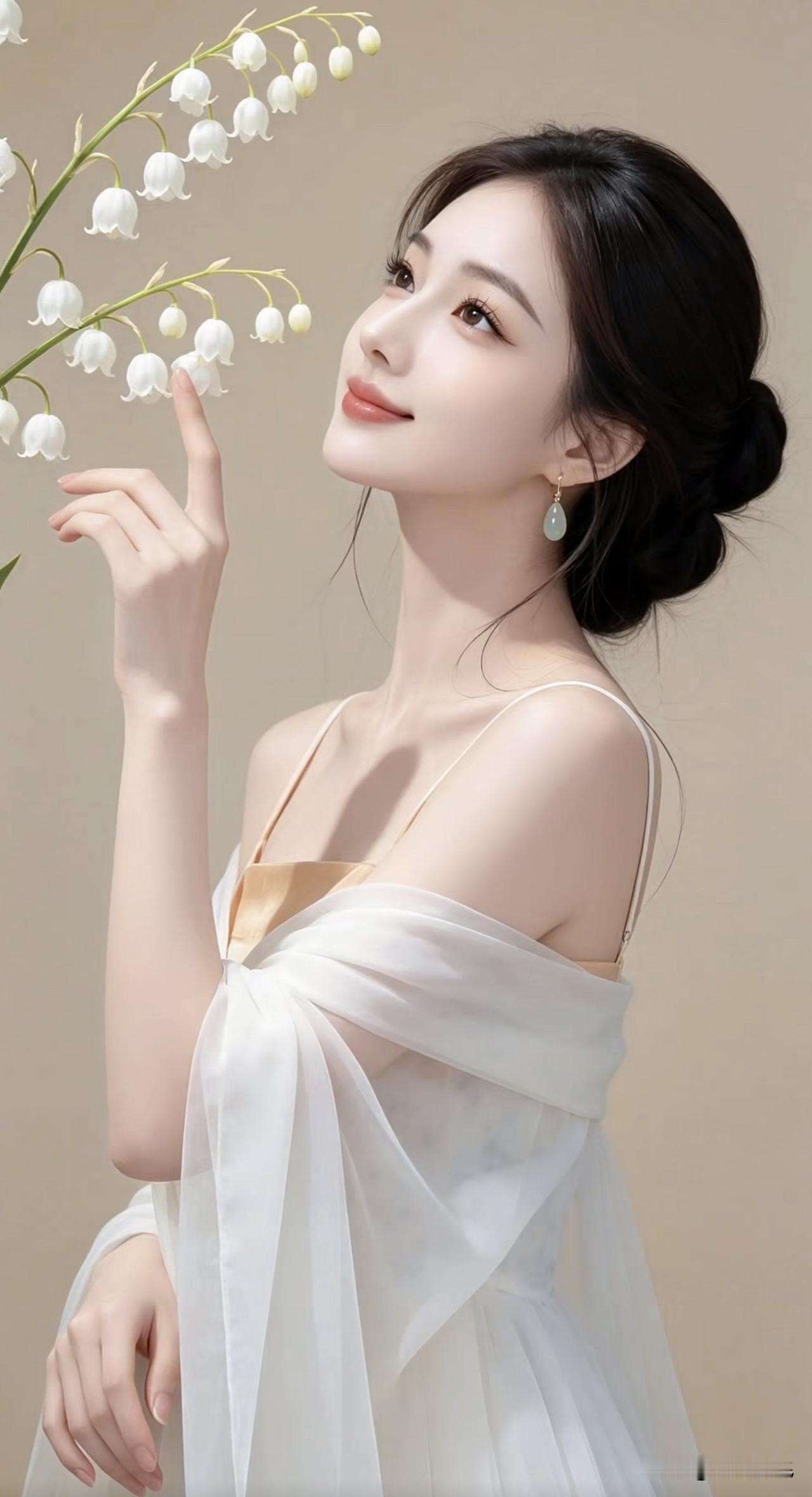优雅白裙少女，轻触花语，唯美瞬间定格湖边白裙少女 温柔气质小白裙 温柔花裙少女 